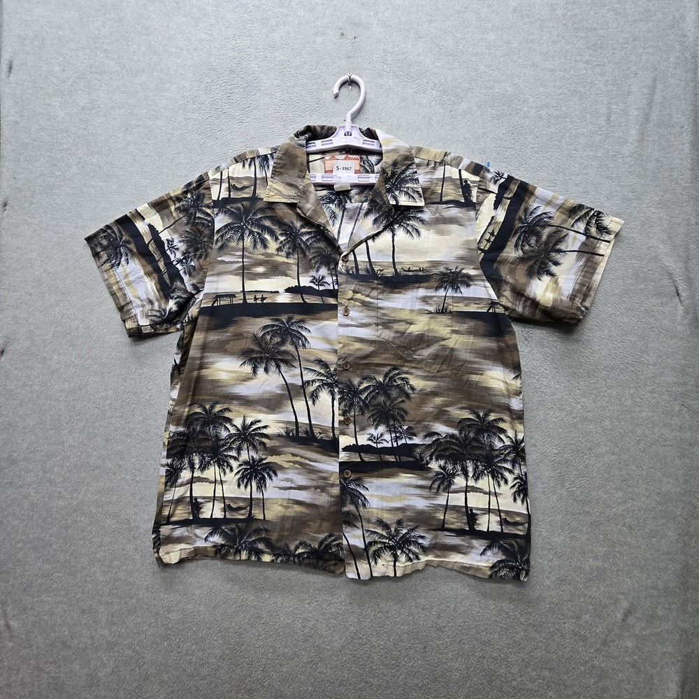RJC Men‎ Button Up Shirt XL Brown Floral Palm Trees Hawaiian Shirt